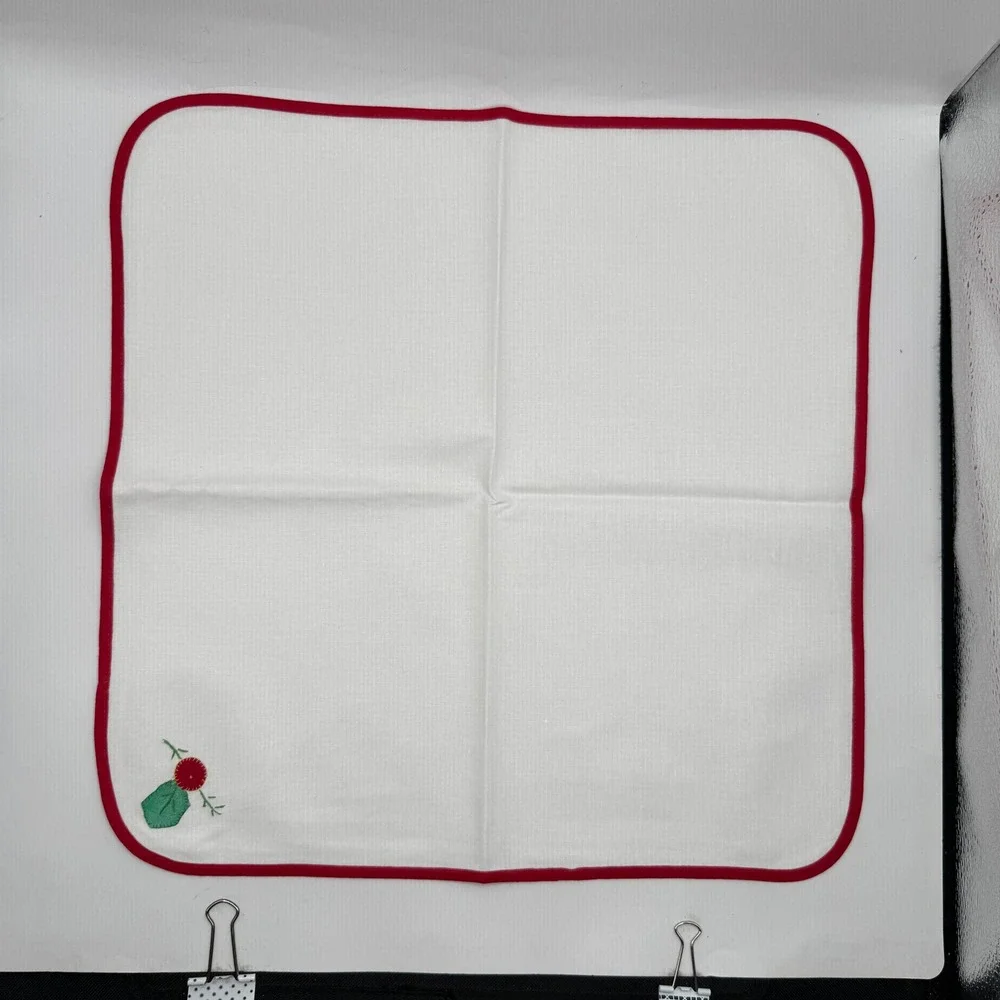 Holiday Cocktail Napkins 15x15 White Red Border Holly Berry Embroidered Set 12